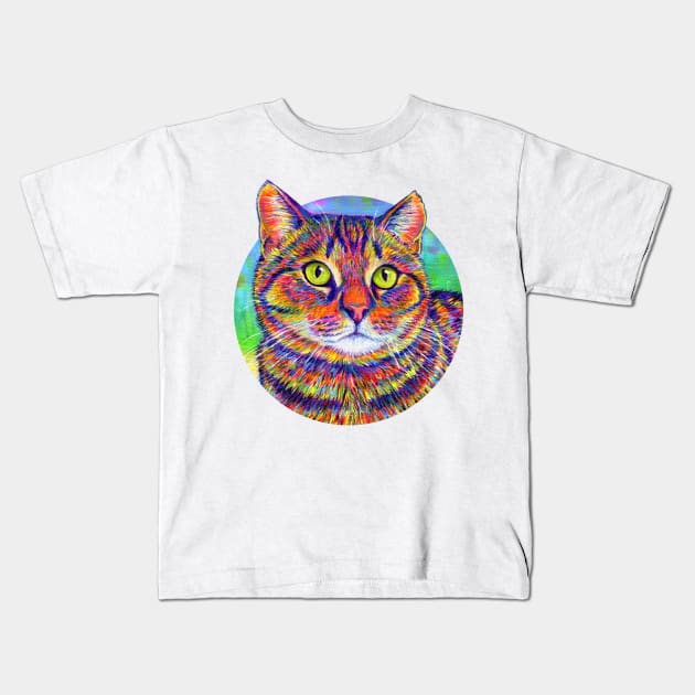 Colorful Rainbow Brown Tabby Cat Kids T-Shirt by rebeccawangart